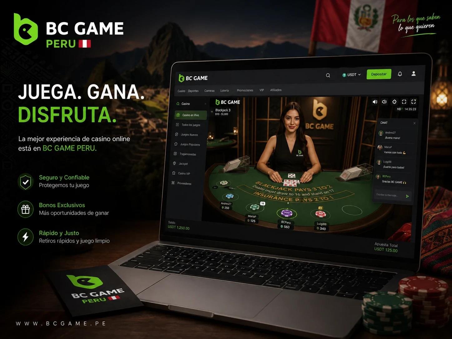 Casino online de BC Game Perú con mesa en vivo y juegos premium en pantalla de laptop