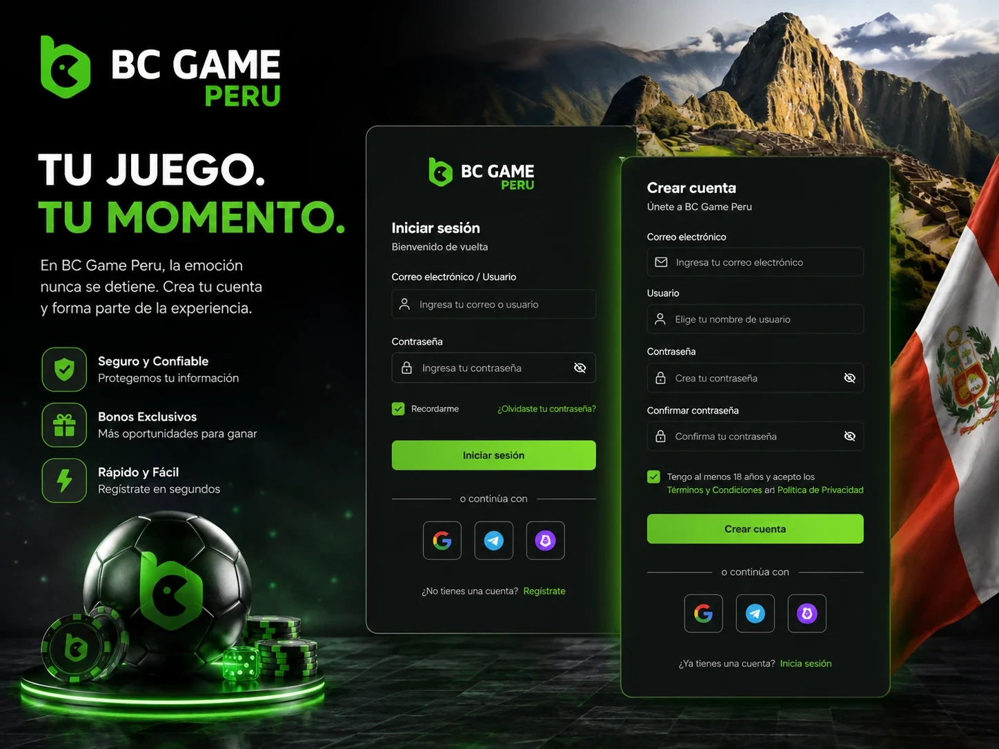 Interfaz de registro e inicio de sesión de BC Game Perú con estilo oscuro y acentos verdes