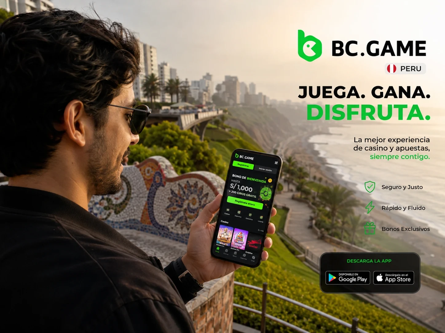 BC Game Perú app abierta en móvil con vista de Lima y acceso a casino, apuestas y bonos