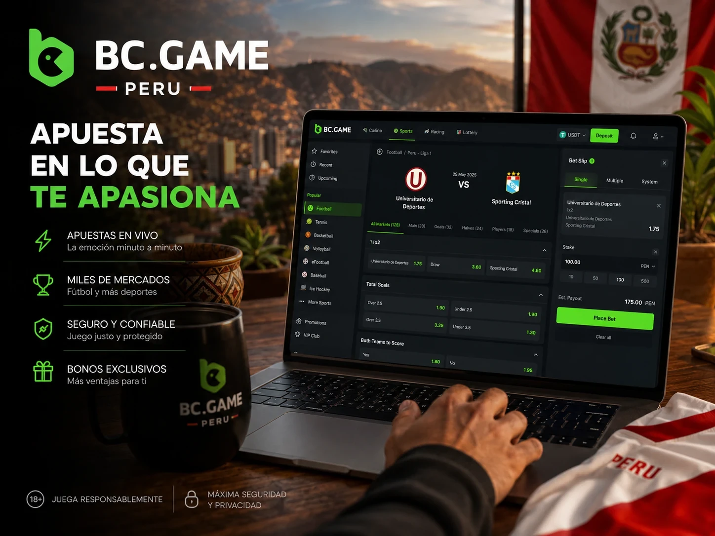 Apuesta deportiva en BC Game Perú desde laptop con mercado de fútbol y cupón de apuesta