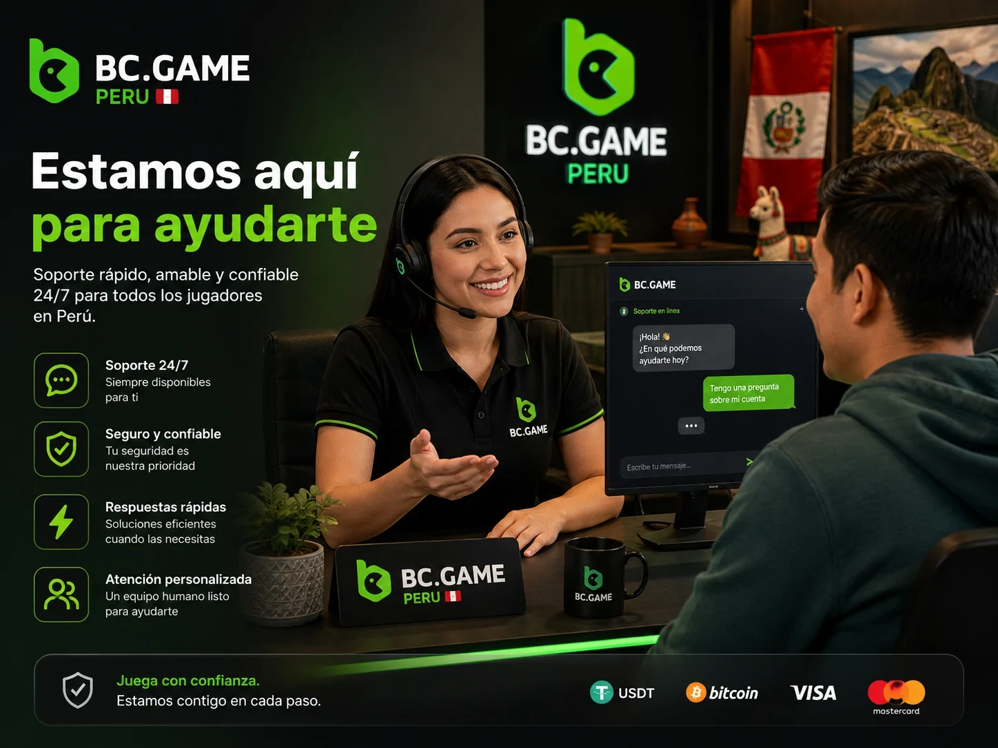 Asistencia de soporte de BC Game Perú con agente ayudando a un jugador